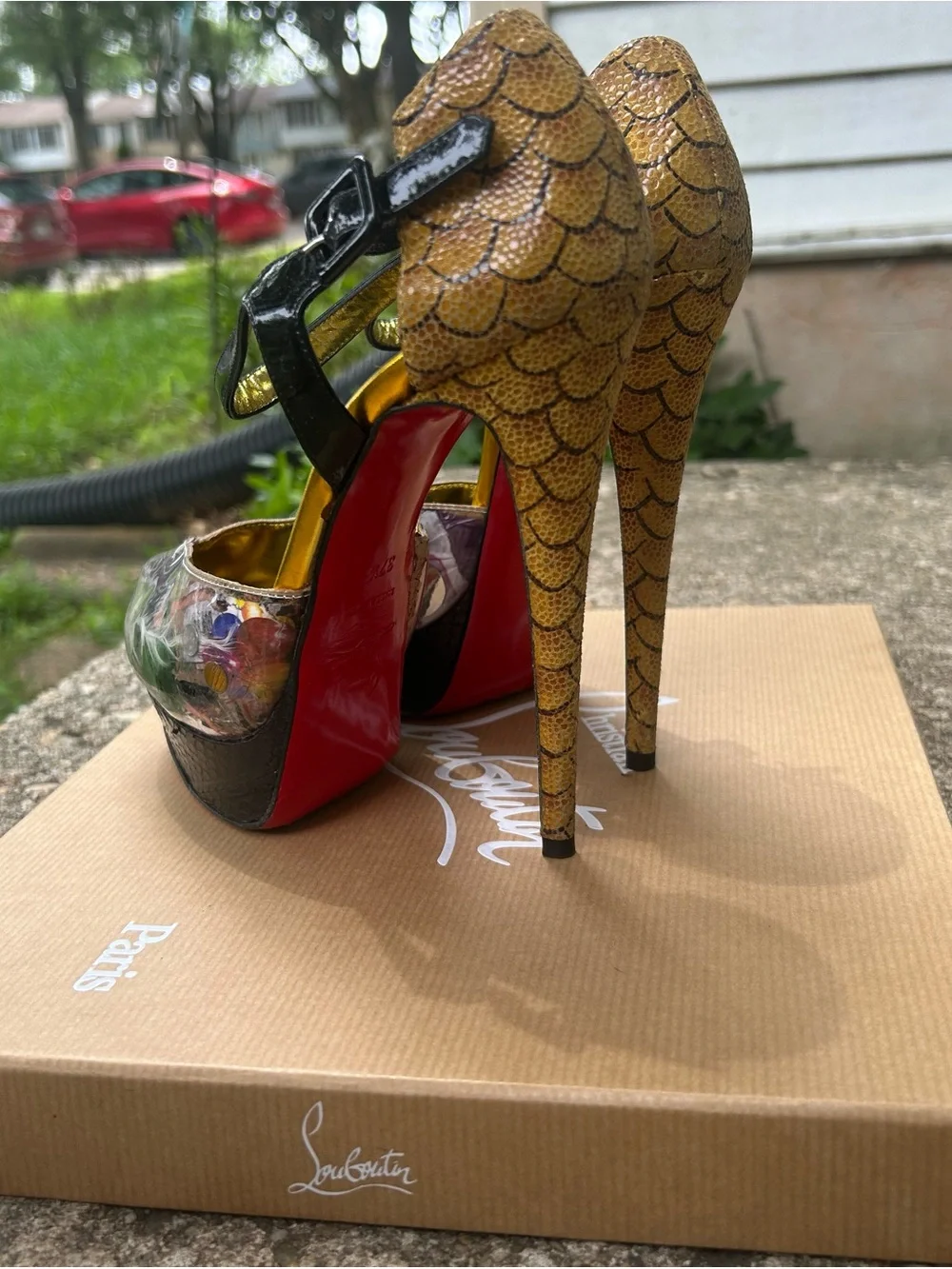 Christian Louboutin Multicolor Peep-Toe Platform Sandals with Black Ankle Straps